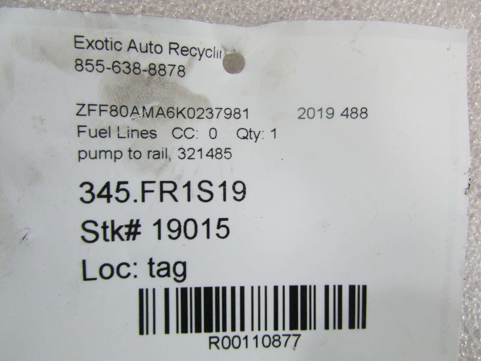 Ferrari 488, Fuel Pump to Fuel Rail Line, Used, P/N 321485