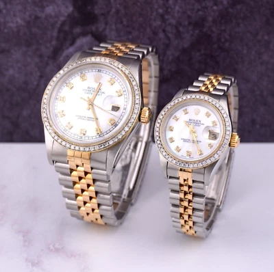 Rolex Set Datejust 26/36Mm 18K Or Jaune Et Acier Iced 1.75Ct Diamants MOP Cadran - Photo 1/4