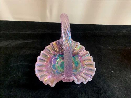 Fenton Pink Chiffon Small Handled Basket Paneled Grape