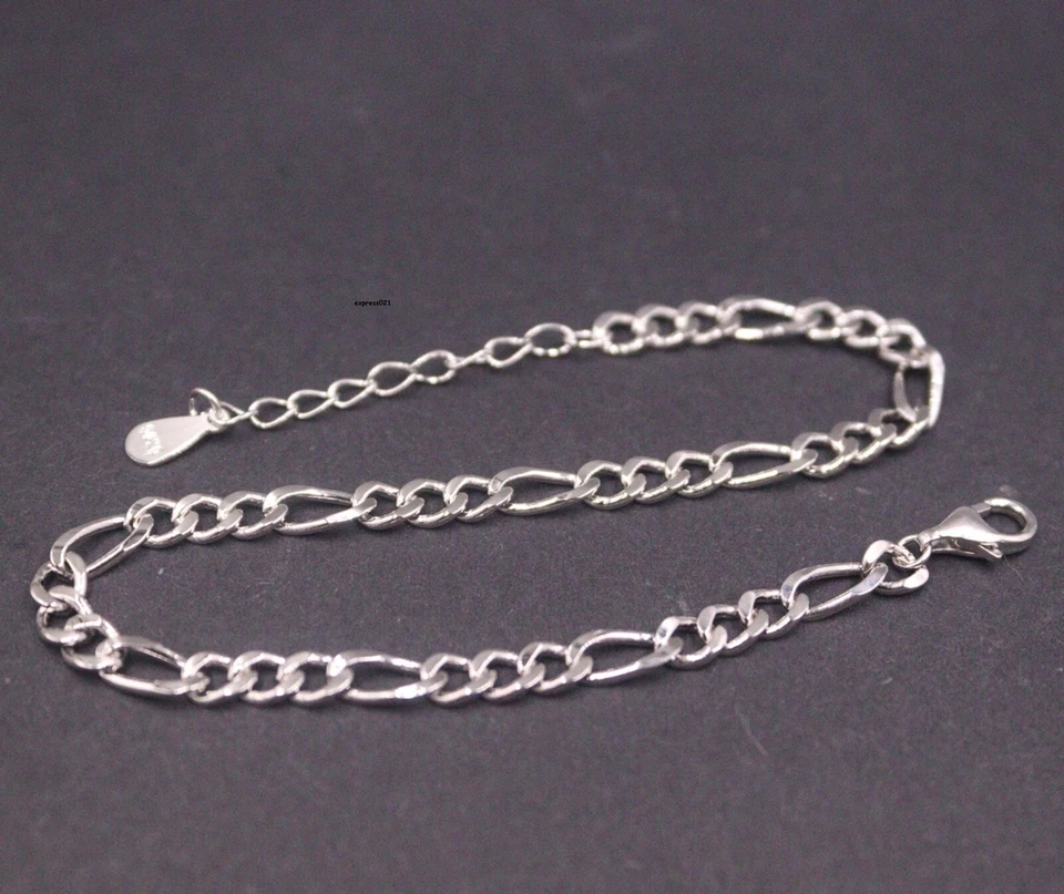 1Pair Solid 925 Sterling Silver Chain Women Figaro Curb Link Bracelet 7g/8.2inch - Image 2 of 4