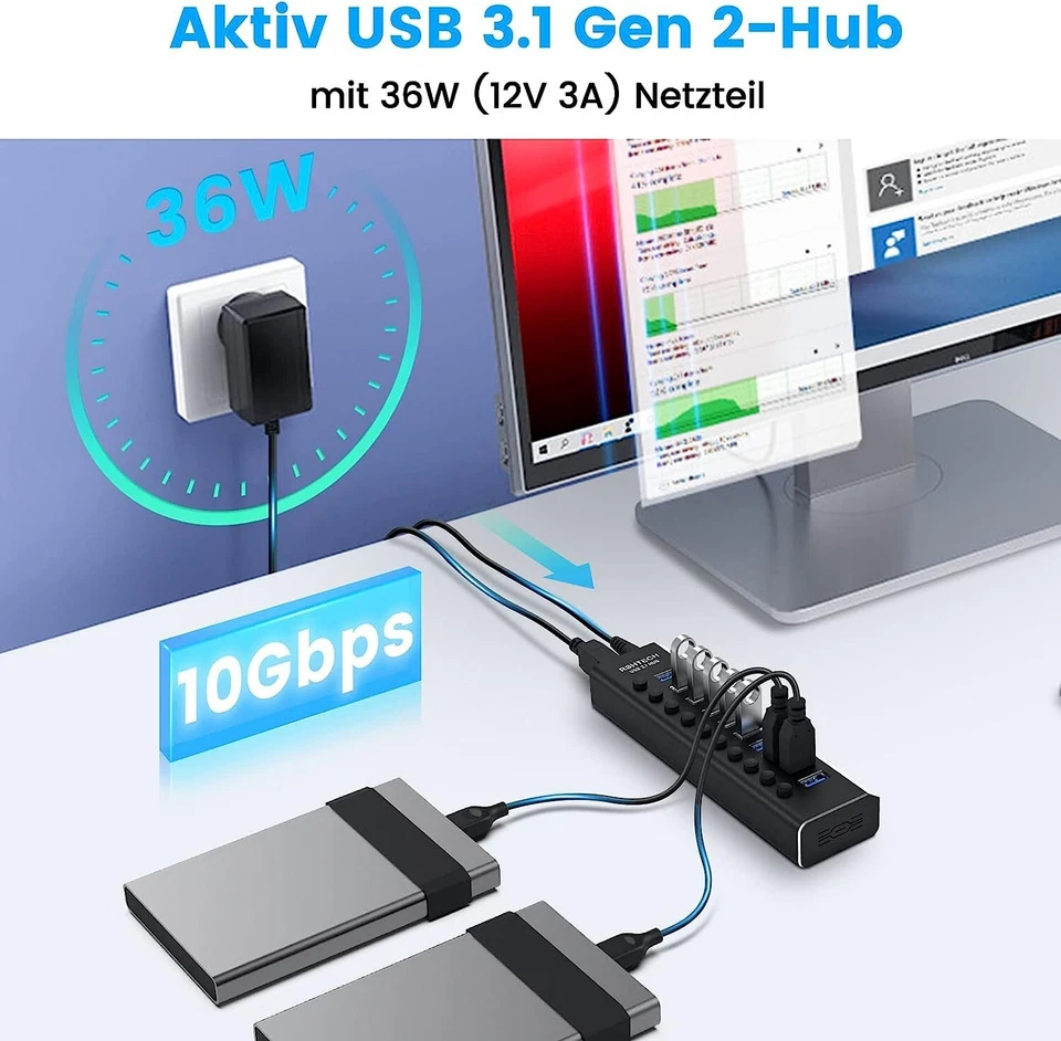 Hub USB Attivo 3.0 Con Alimentatore 10Gbps 10 Porte USB 3.1 in Alluminio Hub Con - Immagine 2 di 4