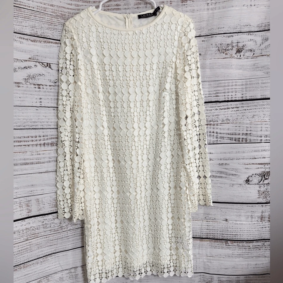 Lauren Ralph Lauren 连衣裙女式 8 码靠垫切花边白色几何护套 — 第 2/4 张图片