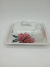 Martha Stewart Ceramic Butter Dish with Lid Water Color Floral Design NWT
