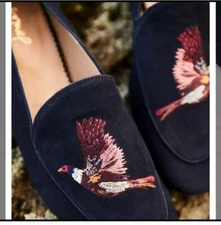 NEW Joules Lexington Bird Pheasant Suede Loafers Embroidered Blue US size 5
