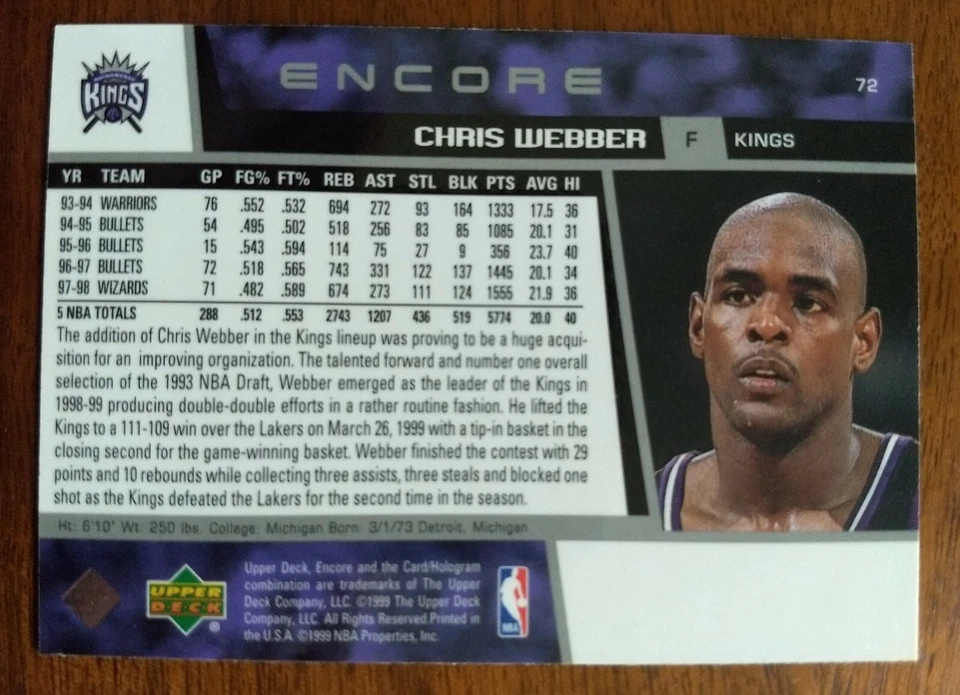 CHRIS WEBBER, 1998-99 UPPER DECK ENCORE #72, KINGS - Image 2 of 2