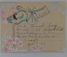 Vintage 1934 Baby Boy Birth Announcement Card With Envelope - Used