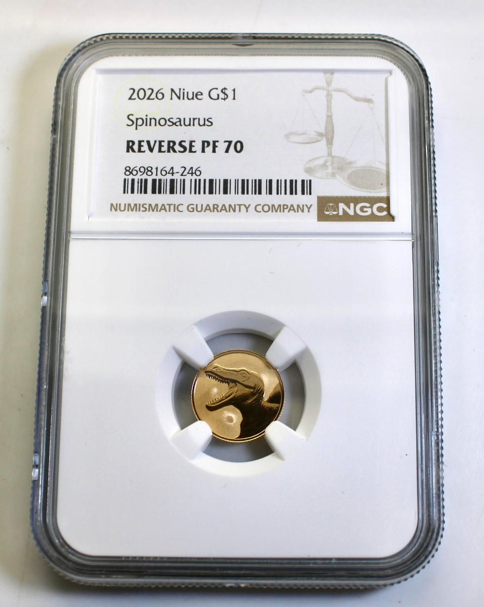 New 2026 NIUE SPINOSAURUS Reverse Proof PF70 1 Gram Gold Coin NGC