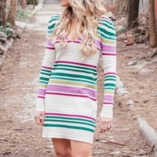 NEW FREE PEOPLE Cream Stripe Green Pink Gidget Knit Sweater VNeck Mini Dress XS