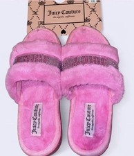 Juicy Couture LA Valor Pink Faux Fur Rhinestone Logo Slide Slippers Women 7-8