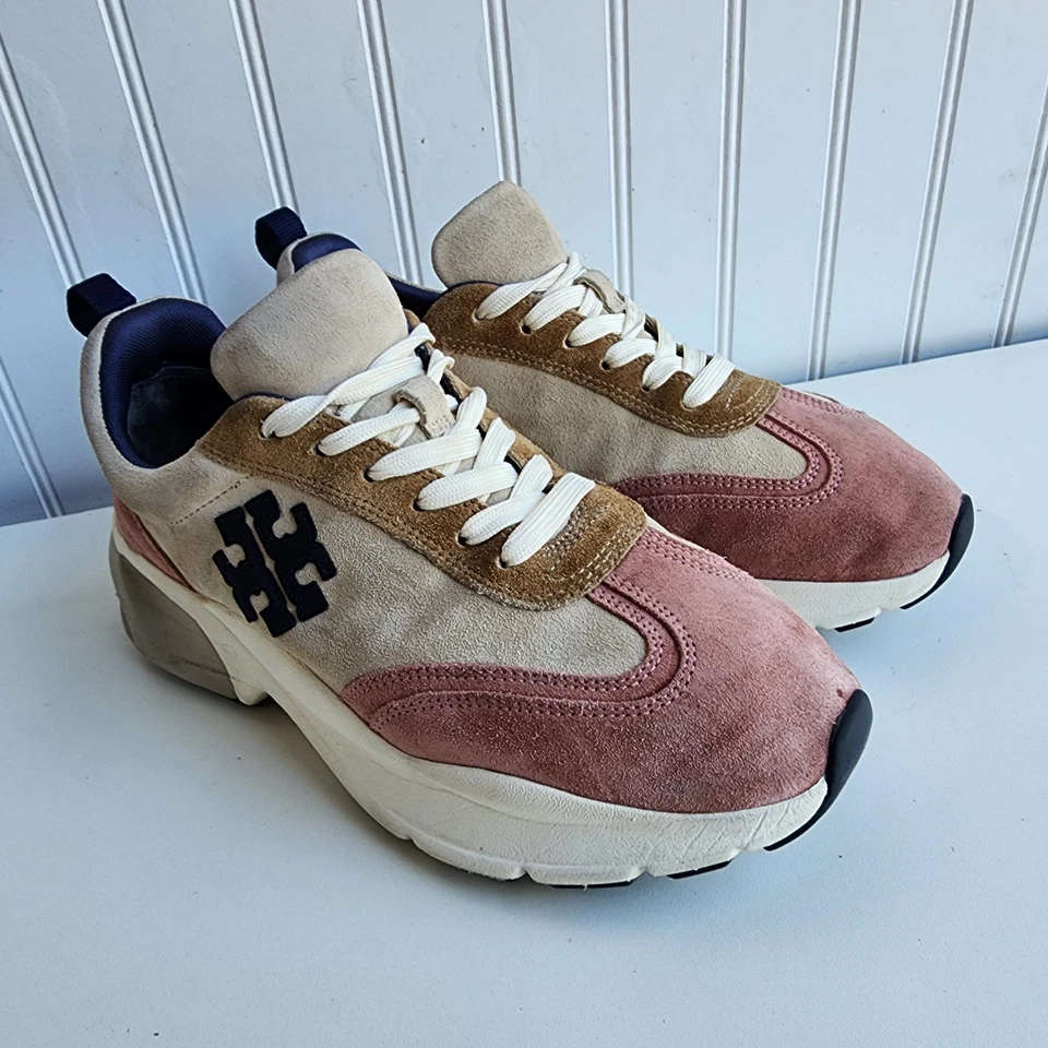 Tory Burch Good Luck Trainer Multi Panel Cream Navy Pink Suede Sneakers Sz 9 - Image 3 of 4
