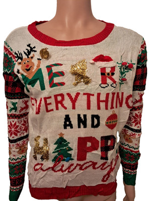 Unisex Weihnachtspullover Merry Everything And Happy Always Lametta Logo Größe XL