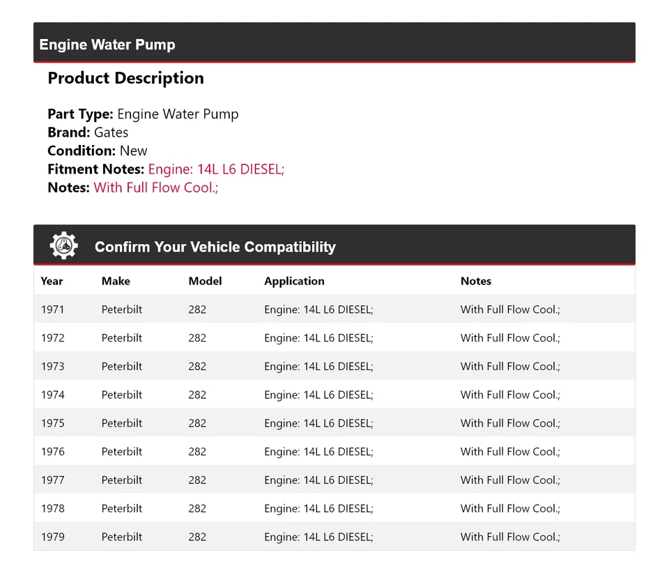 Para 1971-1979 Peterbilt 282 14L L6 Motor Diesel Bomba Agua Puertas 1972 1973 1974 Foto 2 de 4