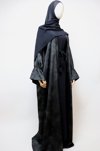 Set 3 pezzi kimono aperto stampa farfalla raso abaya con abito interno nero verde - Foto 2 di 8