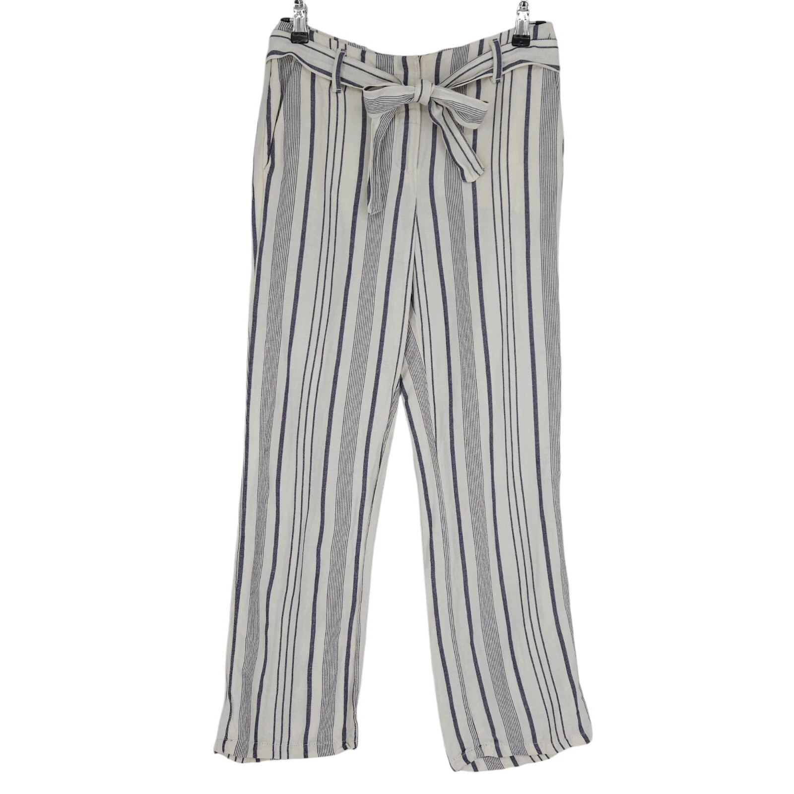 Ann Taylor LOFT Straight Leg Pants Linen White Stripe Mid Rise Tie Belt Womens 0