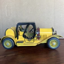 Antique Car Decor Yellow Metal Vehicle Rolling Wheels 12” Long Shelf Decor