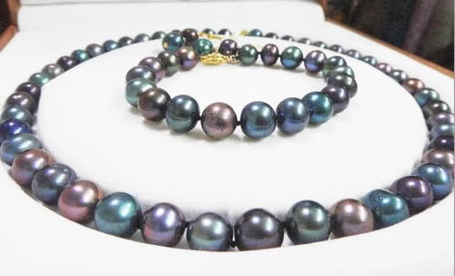 Set10-11mm natural south sea genuine black multic pearl necklace pendant earring