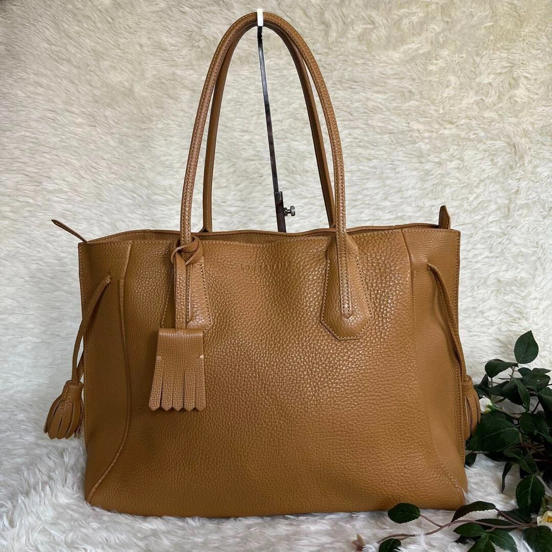 LONGCHAMP Penelope Brown Beige ALL Leather Tote bag w/Tassel | eBay