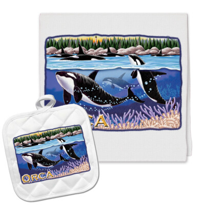 Orca Whale Kitchen Dish Towel and Pot Holder Gift Set