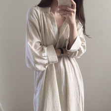 Women Cotton Linen Shirt Dress V-neck Lantern Sleeve Maxi Dress Loose Korean