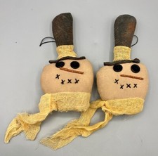 2 Snowman Primitive Christmas Cloth Ornaments tall top hat real wood nose Nice