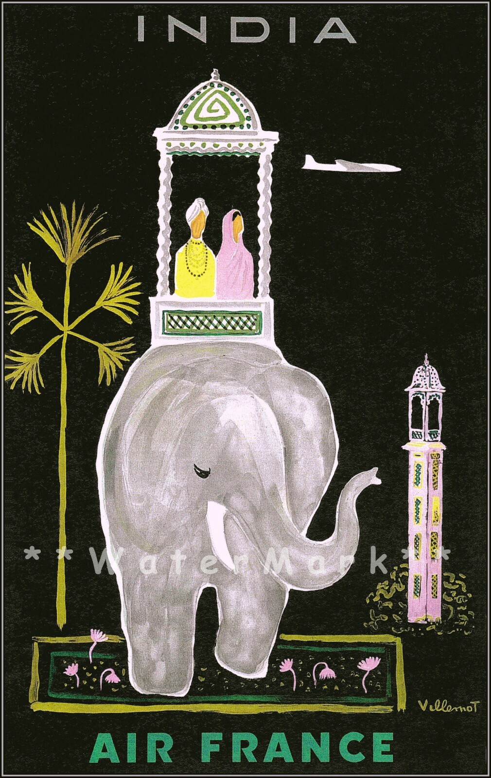 India 1956 Elephant with Howdah Carriage Vintage Poster Print Retro Style Travel