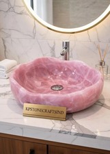 Fregadero de cuarzo rosa artesanal de 18" para decoración de lavabo de baño de cristal rosa
