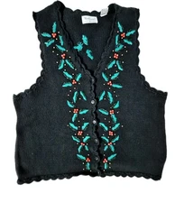 Vtg Westbound Christmas Vest 1X Sweater Women Holly Ivy 3D Berries Plus Scallop 