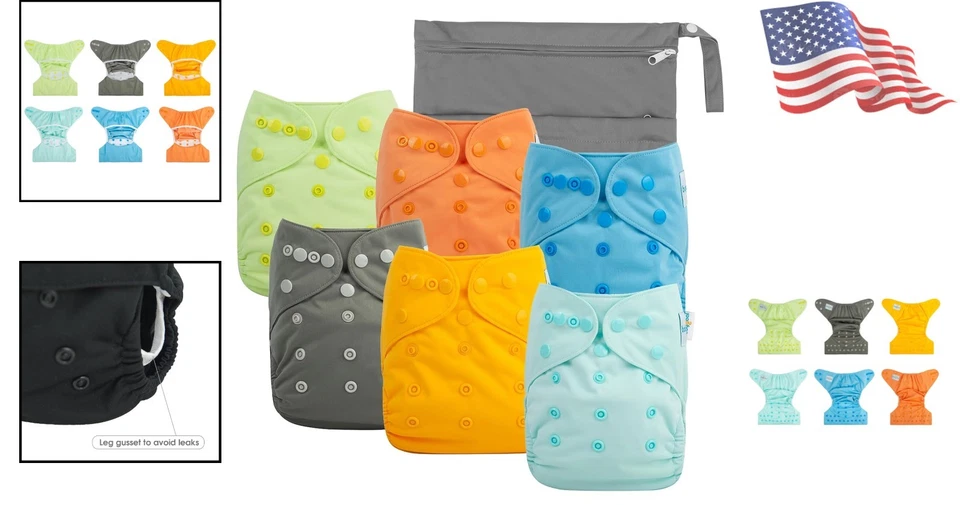 Versátil paquete de 6 fundas de pañales de tela para niños pequeños con broches de presión ajustables Foto 2 de 4