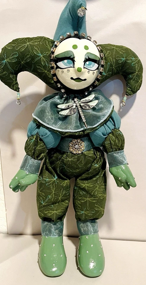 "Muñeca payaso arlequín jumbo hecha a mano 16"" sentada ponderada estante decoración" Foto 3 de 4