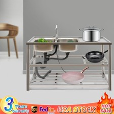 Commercial Stainless Restaurant Kitchen Sink Faucet Drainboad Set Double Bowl