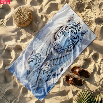 2D Flat One-Piece White Tiger Cubs Beach Towel - Soft, Highly Absorbent Microf