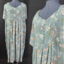 Vintage Erika II & Co Blueish Green Floral Dress w Pleated Skirt Size 2X