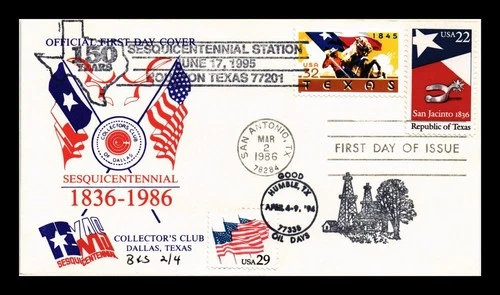 DR JIM STAMPS US COVER TEXAS SESQUICENTENNIAL FDC COMBO DUAL CANCEL