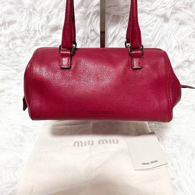 Vintage Miu Miu Mini Boston Bag 90s Red Leather Logo Embossed