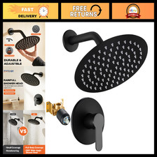 Round Rainfall Shower Faucet Set with Valve, 8-Inch High Pressure Head, Matte Bl