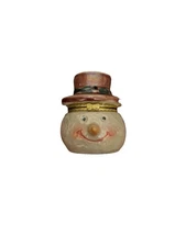 Vintage Porcelain Snowman Head Trinket Box Decoration 2 1/2" T x 2" Red White