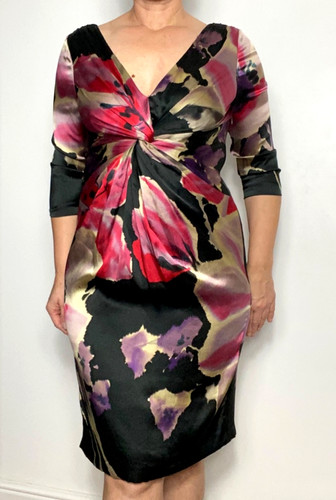 Coast Silk Dress UK 14 Black Pink Floral Twisted 760