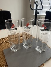 3x Heineken Pint Beer Glass Embossed Star Tall & Slim Stamped NEW