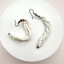 Vintage 90s White Seed Beaded J-Hoop Earrings Silver-tone Boho Statement Jewelry