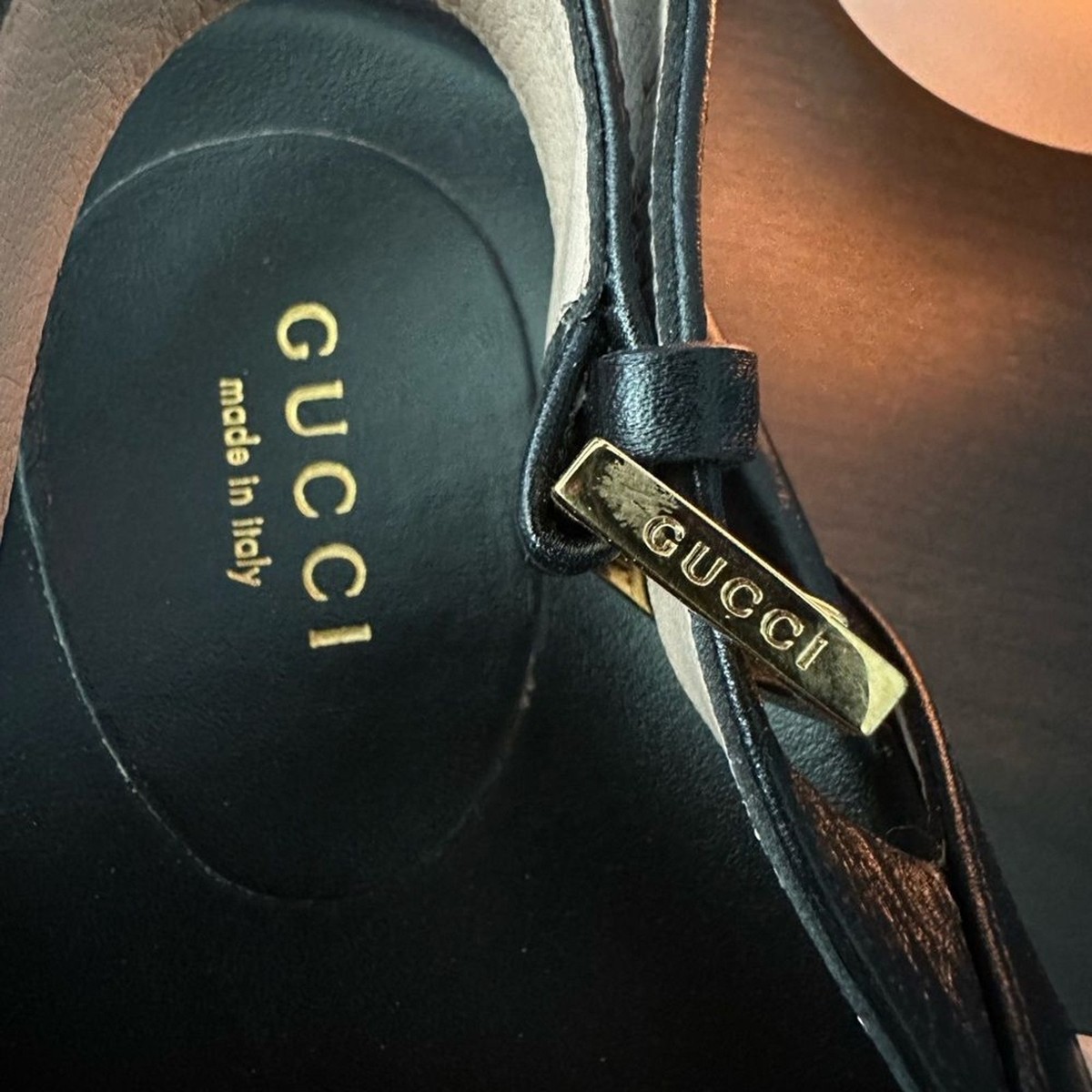 Gucci Men\'s Black Embossed Leather Cross-Strap Sandals Gucci Black Leather Logo Cross-Strap Sandals with White  main image 3