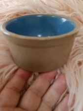 Crock Cat Dog Bowl Dish Pottery Tan Blue 4.5 inch Heavy Duty