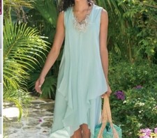 Soft Surroundings Almafi Layered Dress Women XL Mint Green Shift Coastal Boho