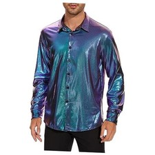 Mens Disco Shirt Outfit Retro 70s Shirts for Men Sequin Medium Bule  Purple