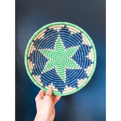 Handmade Woven Coil Basket Wall Art Green Blue Boho 12''