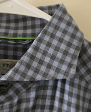 ETON Button Front Shirt Men's M Slim Fit Gray Blue Checks Cotton Spread Collar