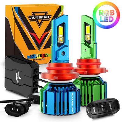AUXBEAM 9005 RGB LED Headlight Bulbs R7 Series 25000LM 6500K White + RGB Remotel