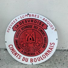 Ancienne Plaque Émaillée Desvres Ciments Du Boulonnais Diamètre 39,5 cm