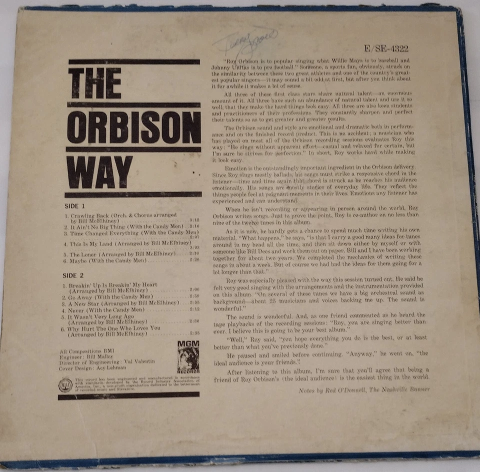 Roy Orbison Way 1965 MGM Records Features Breaking Up Is Breaking My Heart Vinly Foto 2 de 4