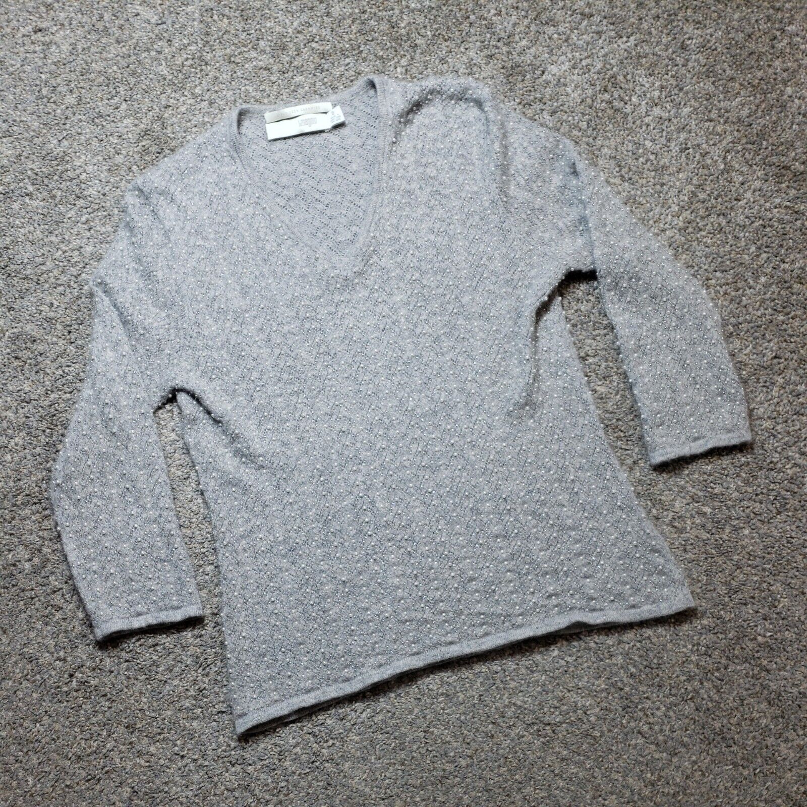 I Magnin Cashmere Sweater Womens Small Gray 2 Ply Long-Sleeve All Over Pearls