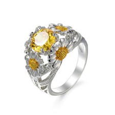 Golden Color Natural Flower Yellow Citrine Gold Plated Silver Woman Ring Sz 6-10